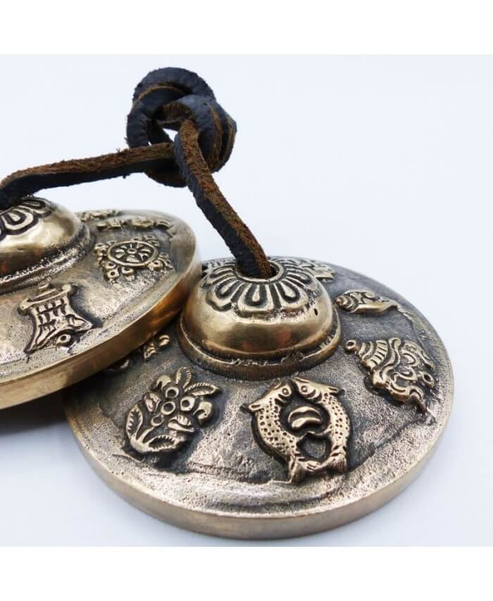 Cymbale tibétaine ou Tingsha 3 métaux avec gravure